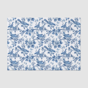 Blue Toile Floral Pattern with Birds on Branches Tissue Paper