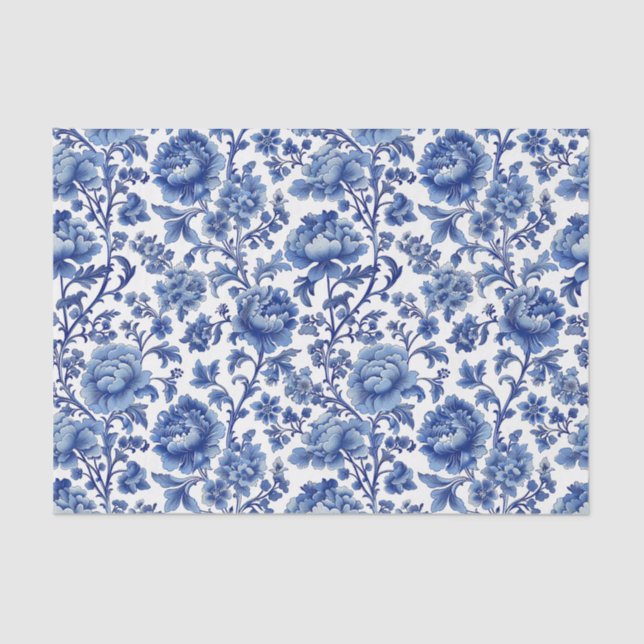 Blue Toile Floral Peonies Pattern Tissue Paper (Front)