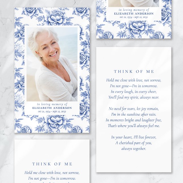 Blue Toile Floral Photo Funeral Prayer Card (Creator Uploaded)