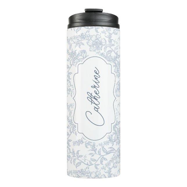 Blue Toile Floral with Script Personalisation Thermal Tumbler (Front)