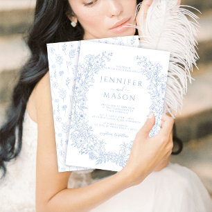 Blue Toile Floral Wreath Bohemian Classic Wedding Invitation