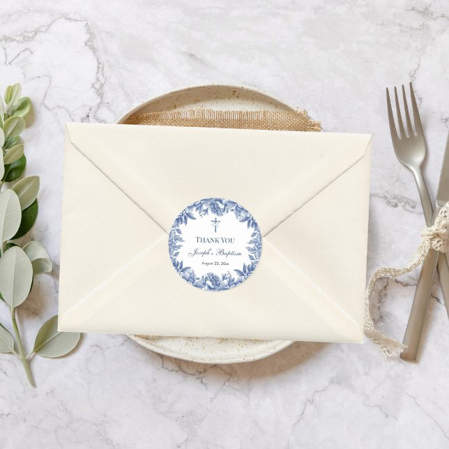 Blue Toile Flower Baptism Classic Round Sticker (Creator Uploaded)