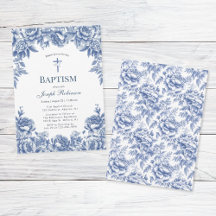Blue Toile Flower Baptism Invitation