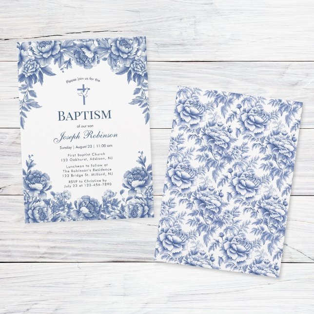 Blue Toile Flower Baptism Invitation (Creator Uploaded)