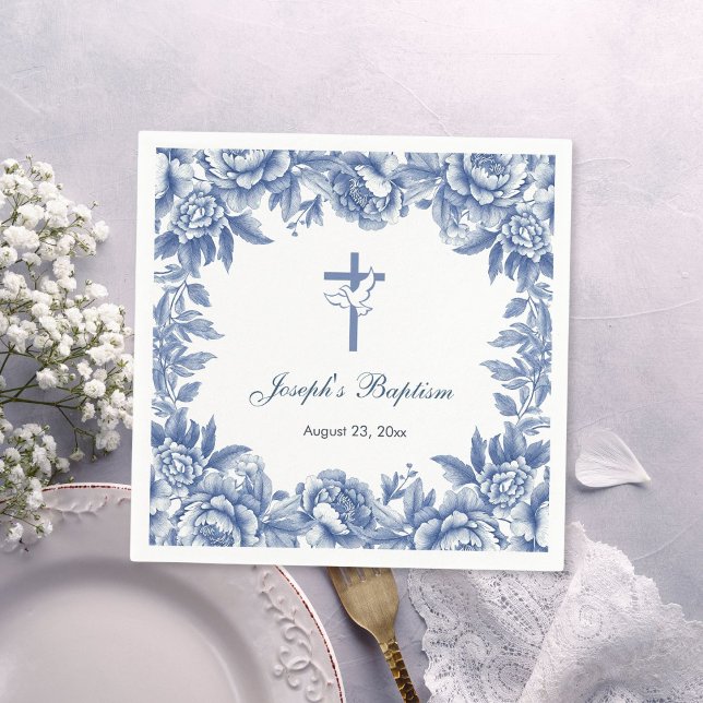 Blue Toile Flower Baptism Paper Napkin (Creator Uploaded)