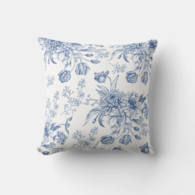 Blue Toile Flowers Throw Pillow (Front)