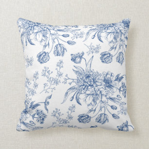 Blue Toile Flowers Throw Pillow