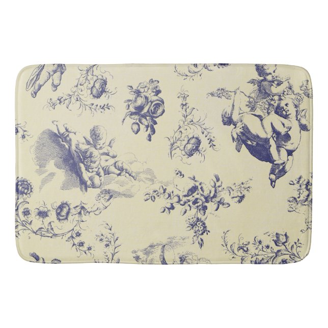 Blue Toile French Country Cherub Pattern Bath Mat (Front)