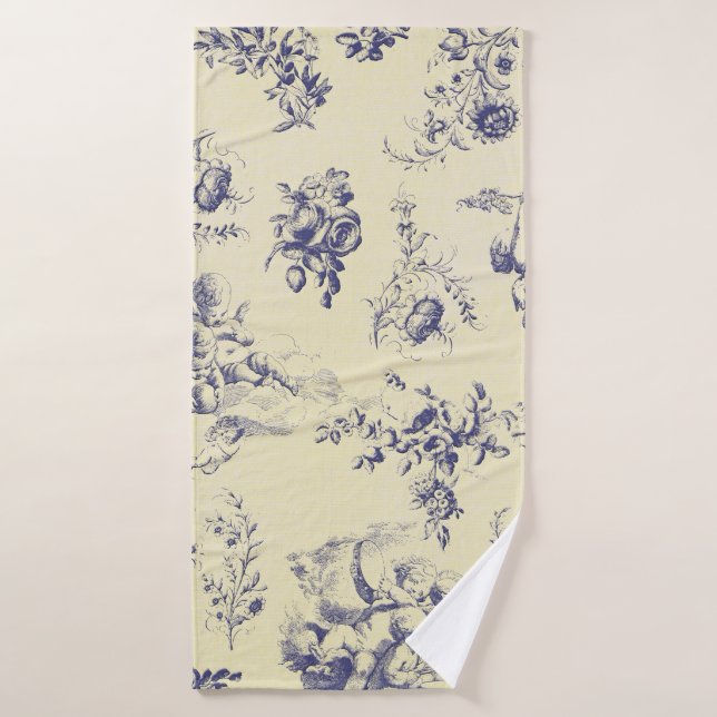 Blue Toile French Country Cherub Pattern Bath Towel (Bath Towel)