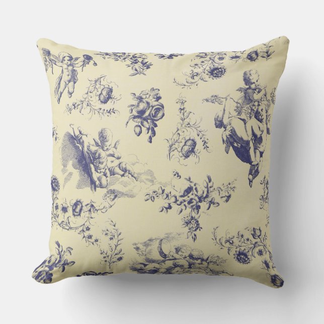 Blue Toile French Country Cherub Pattern Cushion (Front)