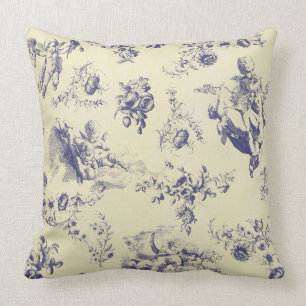 Blue Toile French Country Cherub Pattern Cushion