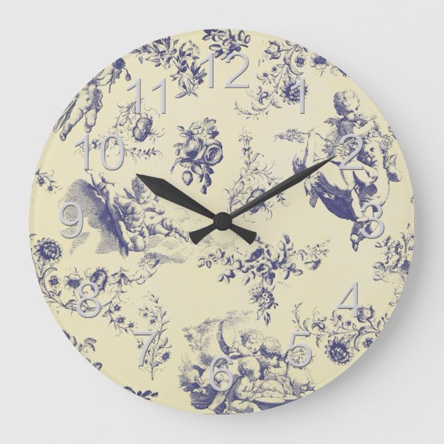 Blue Toile French Country Cherub Pattern Large Clock (Front)