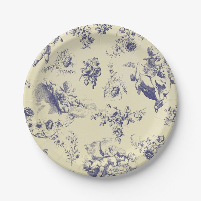 Blue Toile French Country Cherub Pattern Paper Plate (Front)