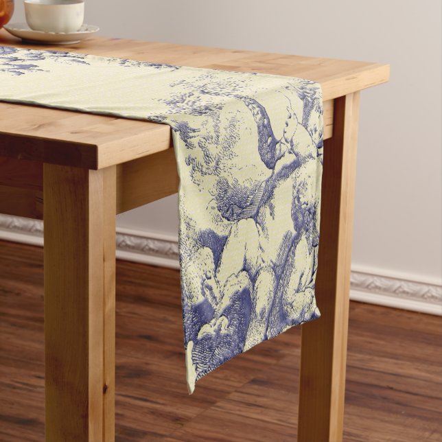 Blue Toile French Country Cherub Pattern Short Table Runner (In Situ)