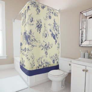 Blue Toile French Country Cherub Pattern Shower Curtain
