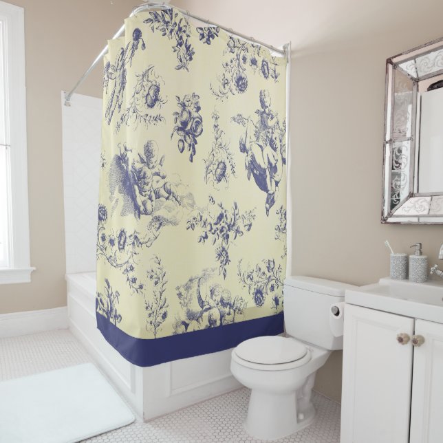 Blue Toile French Country Cherub Pattern Shower Curtain (In Situ)