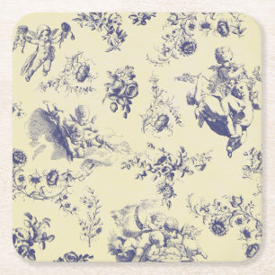 Blue Toile French Country Cherub Pattern Square Paper Coaster