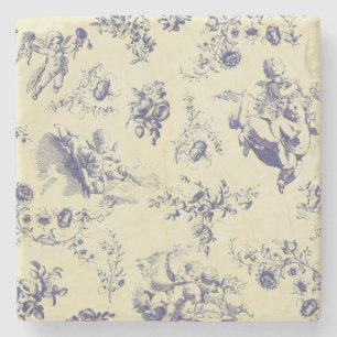 Blue Toile French Country Cherub Pattern Stone Coaster