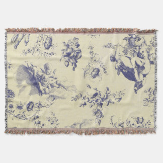 Blue Toile French Country Cherub Pattern Throw Blanket