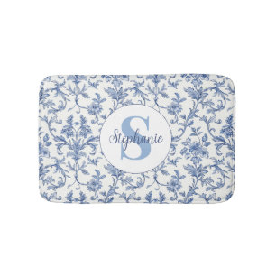 Blue Toile French Monogram Name Floral Pattern Bath Mat