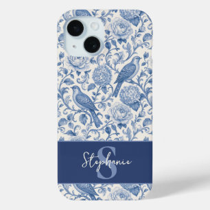 Blue Toile French Monogram Name Floral Pattern iPhone 15 Case