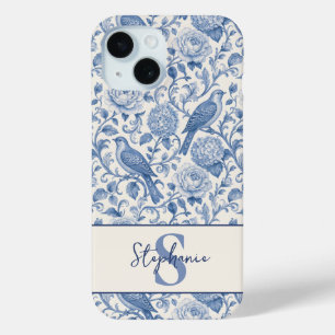 Blue Toile French Monogram Name Floral Pattern iPhone 15 Case