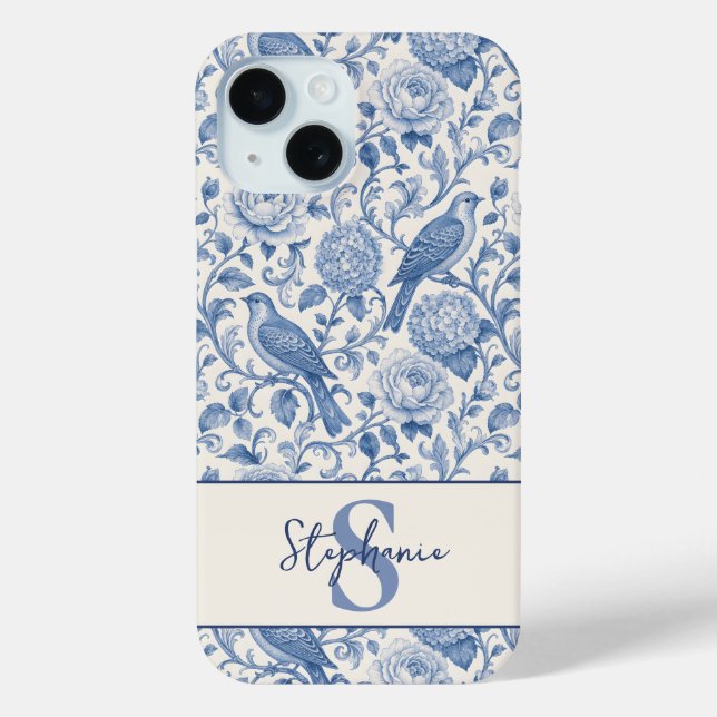Blue Toile French Monogram Name Floral Pattern Case-Mate iPhone Case (Back)
