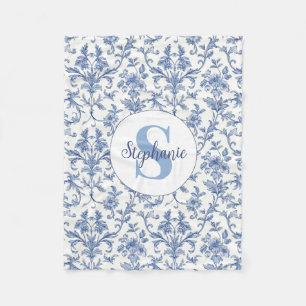Blue Toile French Monogram Name Floral Pattern Fleece Blanket