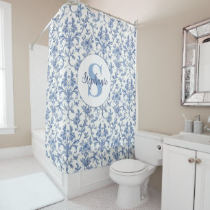 Blue Toile French Monogram Name Floral Pattern Shower Curtain