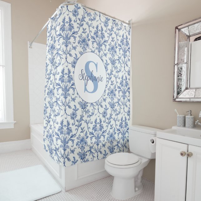 Blue Toile French Monogram Name Floral Pattern Shower Curtain (In Situ)
