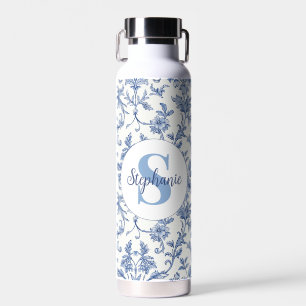 Blue Toile French Monogram Name Floral Pattern Water Bottle