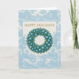 Blue Toile Holiday Card with Winter Wreath
