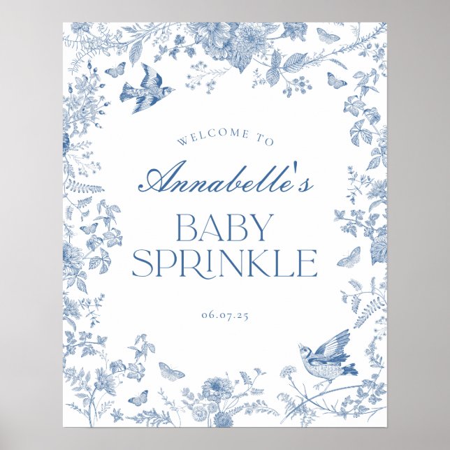 Blue Toile Jouy Floral Baby Sprinkle Welcome Sign (Front)