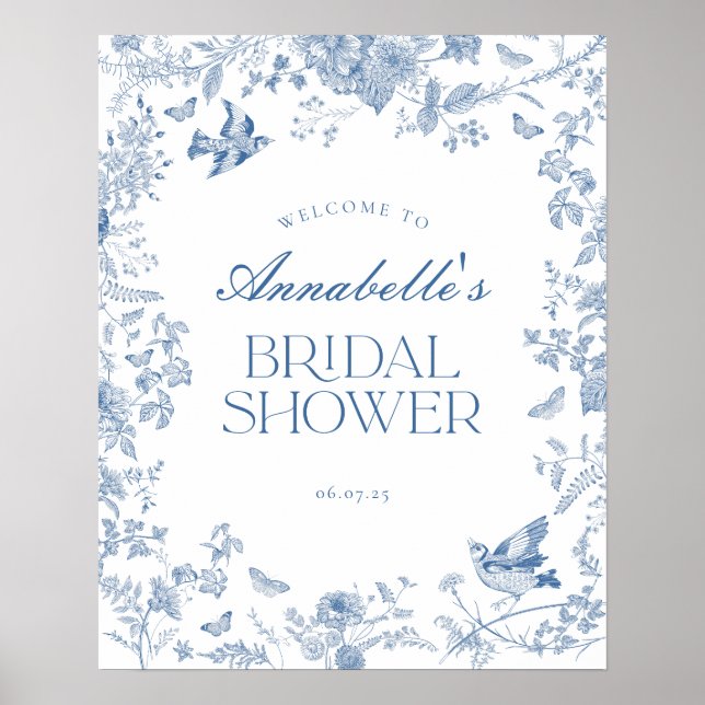 Blue Toile Jouy Floral Bridal Shower Welcome Sign (Front)