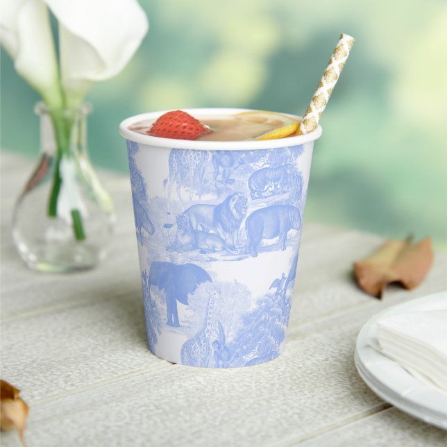 Blue Toile Jungle Animals Safari Chinoiserie Paper Cups (Insitu)