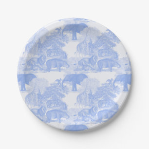 Blue Toile Jungle Animals Safari Chinoiserie Paper Plate