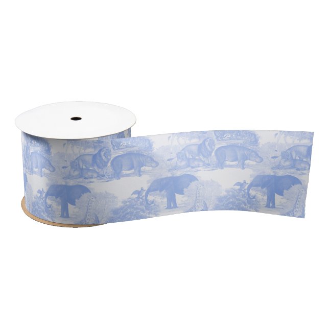 Blue Toile Jungle Animals Safari Chinoiserie Satin Ribbon (Spool)