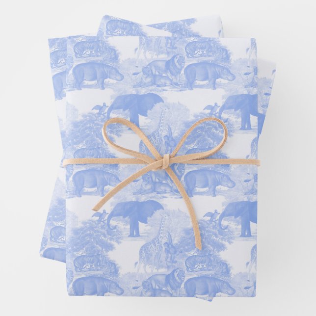 Blue Toile Jungle Animals Safari Chinoiserie Wrapping Paper Sheet (In situ)