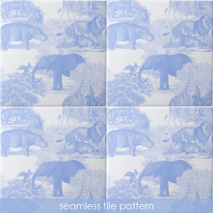 Blue Toile Jungle Animals Safari Seamless Pattern Ceramic Tile
