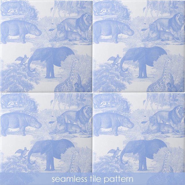 Blue Toile Jungle Animals Safari Seamless Pattern Ceramic Tile (Blue Toile Jungle Animals Safari Seamless Pattern Ceramic Tile)