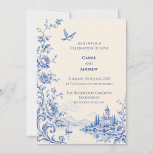 Blue Toile Lakeside Chateau Wedding Invitation