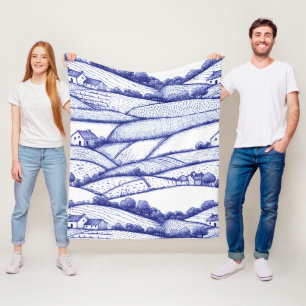 Blue Toile Landscape French Pastoral Scenes Fleece Blanket