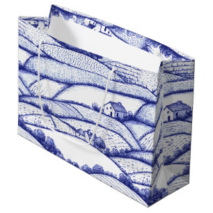 Blue Toile Landscape French Pastoral Scenes Large Gift Bag