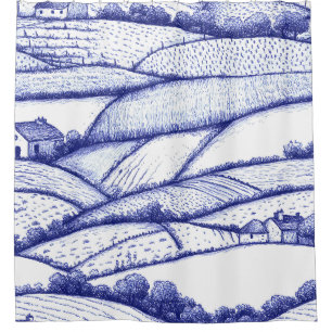 Blue Toile Landscape French Pastoral Scenes Shower Curtain