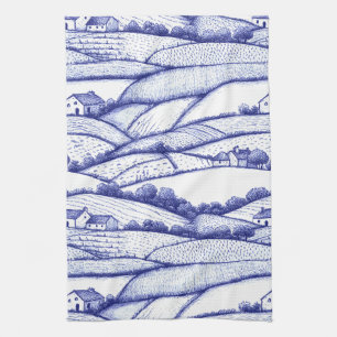 Blue Toile Landscape French Pastoral Scenes Tea Towel