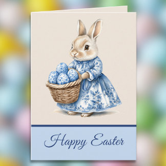 Blue Toile Mother Rabbit n Basket of Easter Eggs   Card