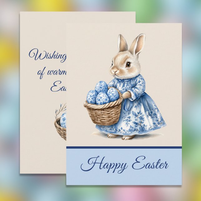 Blue Toile Mother Rabbit n Basket of Easter Eggs   Holiday Card (Creator Uploaded)