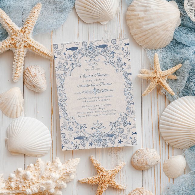 Blue toile Ocean Bridal Shower Invitation (Creator Uploaded)