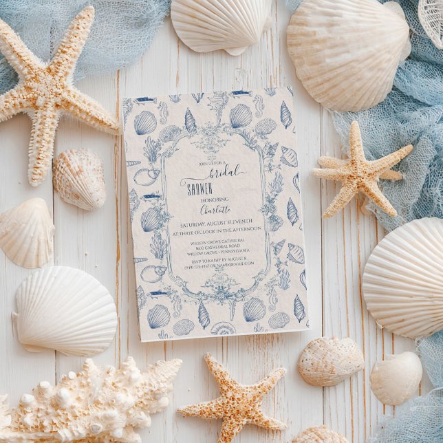 Blue toile Ocean Bridal Shower Invitation (Creator Uploaded)