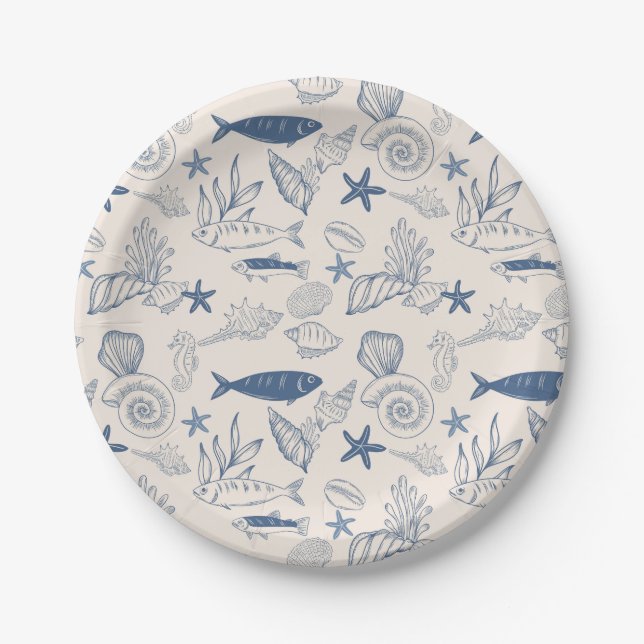 Blue toile Ocean Paper Plate (Front)